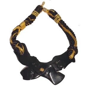Signed Vigneri Art to Wear Necklace Rare 80s Black Resin & gold Cord excel cond